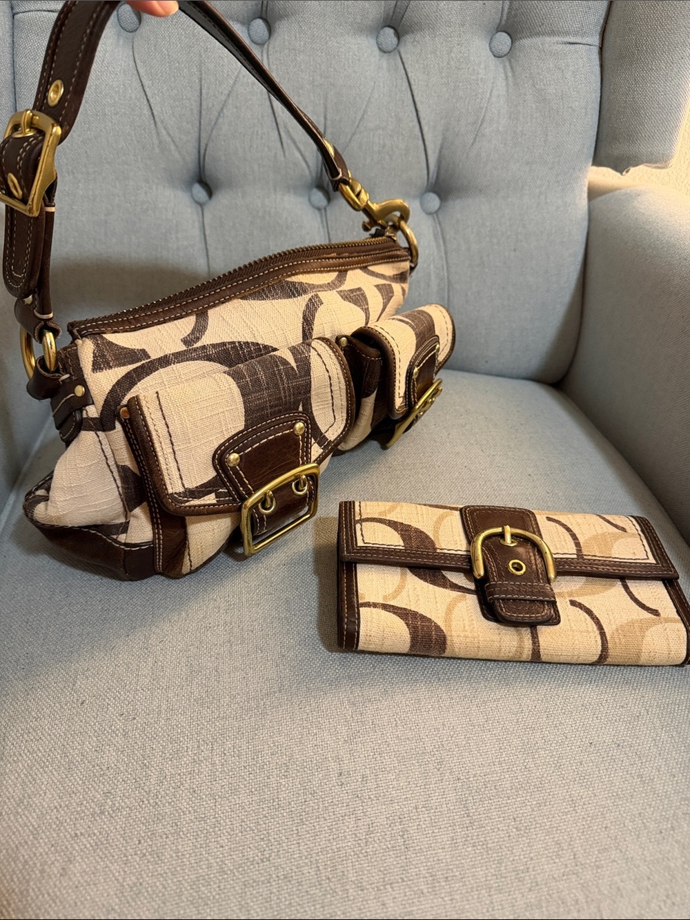 Coach Brown and Cream Signature Shoulder Bag with Matching Wallet